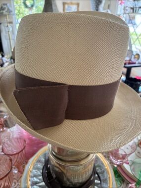 Vintage Panama-Style Straw Fedora Hat with Brown Band